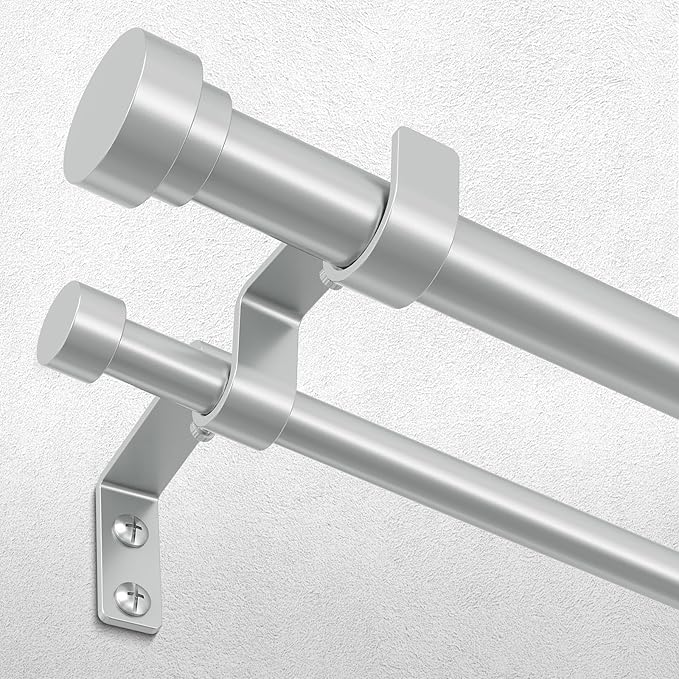 Double Curtain Rod, 1 Inch Silver Long Dual Curtain Rods 84 to 120 Inch with Aluminium Modern End Cap Finial, Adjustable Heavy Duty Window Treatment Rod, Telescopic Metal Double Drapery Pole Set