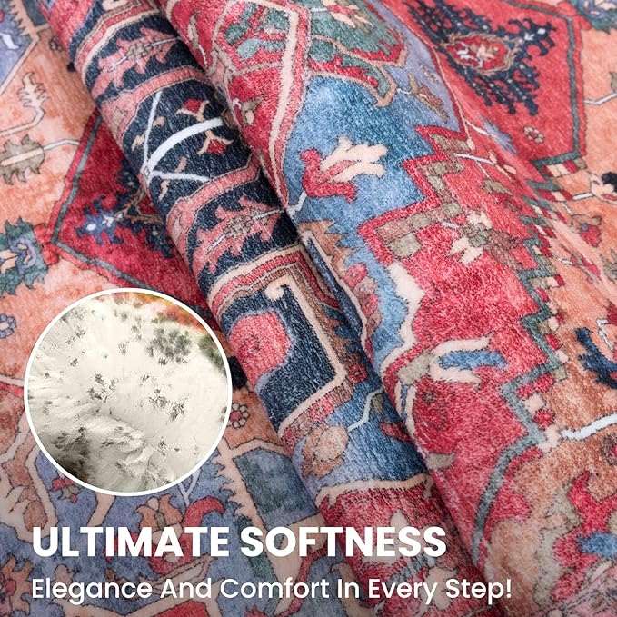 2x6 Washable Runner Rug for Hallways, Red Soft Floor Vintage Kitchen Rugs with Non-Slip, Non-Shedding Boho Rug for Bedroom Kitchen Porch Laundry Entryway