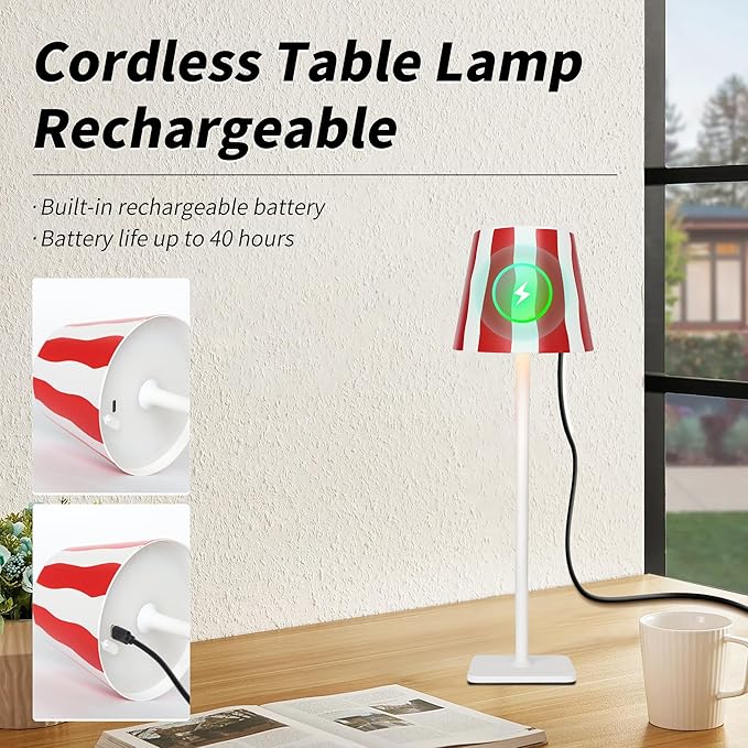 Mr. White Outdoor Waterproof Cordless Wireless Rechargeable Portable Top Touch Battery Operated Powered LED Table Lamp Desk Lamp Lights for Restaurant Kitchen Patio Dinner Dining (Red)