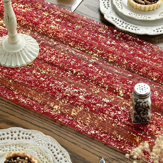 Artoid Mode Red Gold Gauze Table Runner 120 Inch 10Pcs, Glitter Metallic Foil Sheer Dining Wedding Anniversary Holiday Table Decor for Home Party