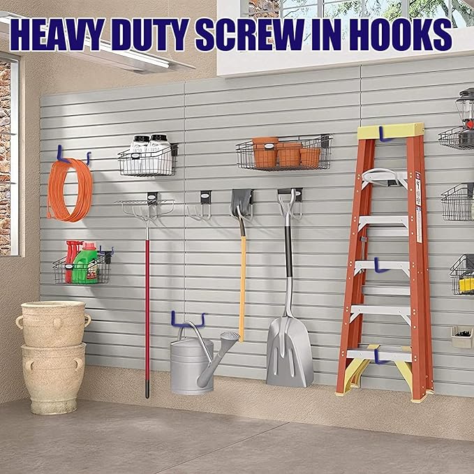 Garage Hooks Heavy Duty, 12-Pack Mixed Utility Garage Hooks, Wall Mounted Steel Tool Hangers for Garage Wall Organizer, Hold Ladders Tools Bikes (Blue, 6 Type & 12 Pack)
