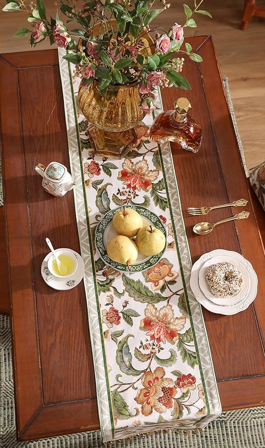 patdrea Designer Elegant French Floral Velvet Table Runner, Fresh Green with Orange Blossoms Pattern Table Mat, Decoration for Kitchen Dining Coffee Table Cabinet Banquet Thanksgiving,12"*102"