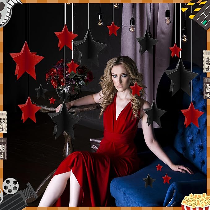70 Pcs Red and Black Star Centerpieces for Men Women Black and Red Party Birthday Decorations 3D 2025 Graduation Decoration 3 Sizes 8" 5" 3" Film Show Theme Supplies Table Decor