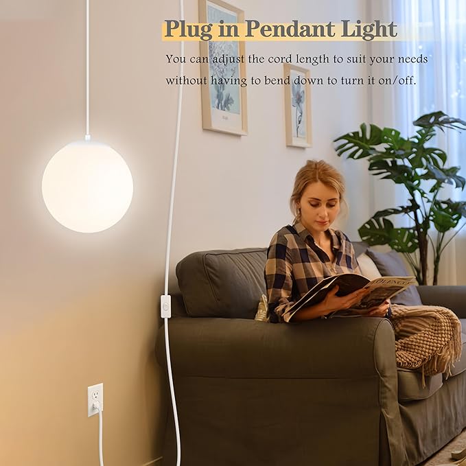 KoKo&Yukina 10" Globe Pendant Light White Plug in Pendant Light Adjustable Hanging Lights with Plug in Cord Matte White Finished with Milk Glass Lampshade for Bedroom Kitchen Island（Bulb Included）