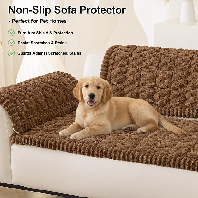 Smiry Pet Couch Cover for 3 Cushion Sofa, Non-Slip Fuzzy Couch Cover for Dogs Washable, Thick Soft Sofa Slipcovers Cushion Protector Pet Friendly (Chocolate, 27.6" x 27.6")