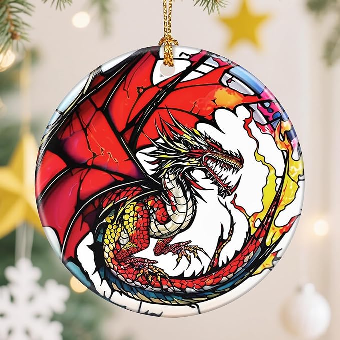 Ceramic-Style Christmas Tree Decorations, Christmas Ornaments, Double-Sided Printed Ornament Keepsakes, Holiday Decor. Xmas Gifts, Gifts for Dragon Lovers - Dragon-Themed