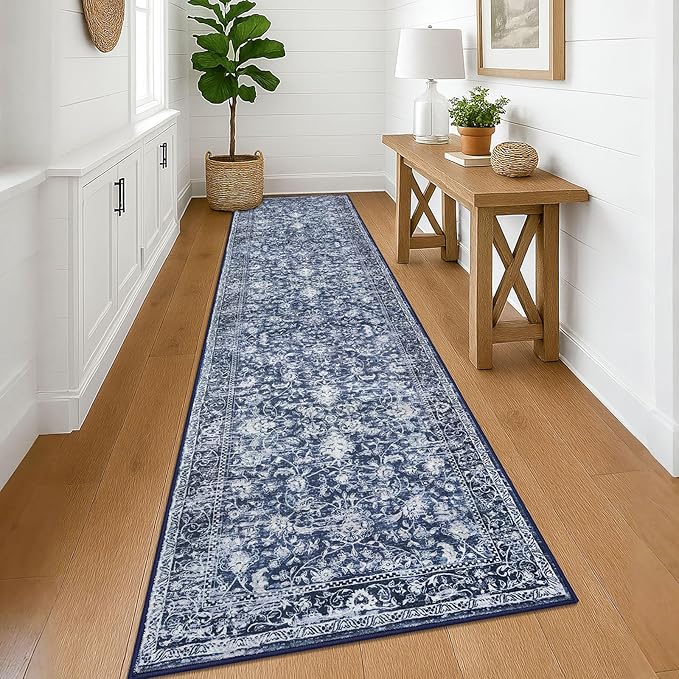 KILOCOCO Runner for Hallway 3x12 Runner Rug Printed Vintage Floral Washable Rug Kitchen Runners Soft Non-Slip Low Pile Hallway Runners Laundry Room Distressed Boho Rugs, Blue