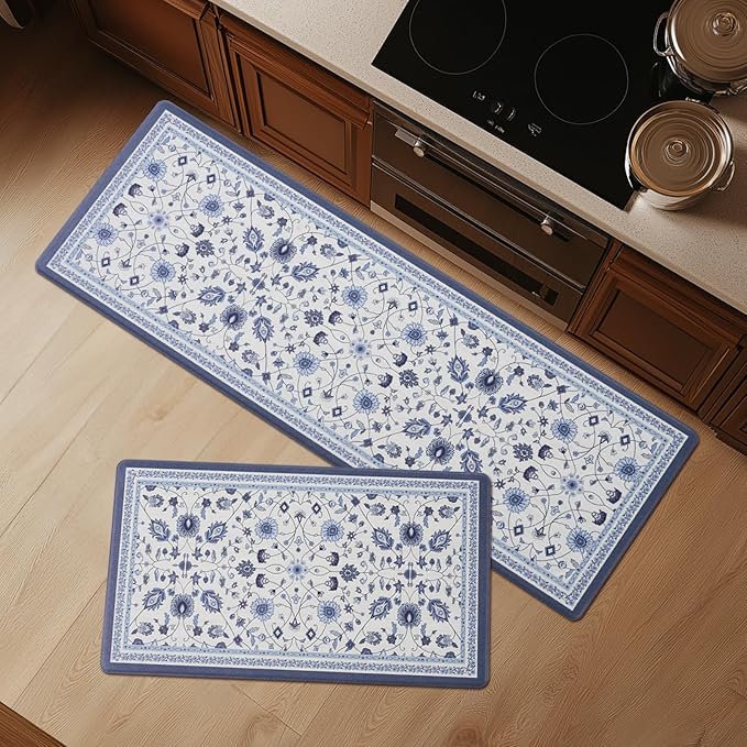 FRESHMINT Anti Fatigue Kitchen Mats for Floor 2 Piece Set, Waterproof & Non-Skid Vintage Floarl Kitchen Rugs, Cushioned Kitchen Mat for Standing Washable Comfort Desk Kitchen Runners, 17x30''+17x47''