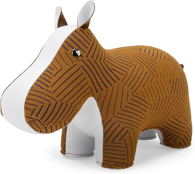 Zuny Artist Edition Hippo Bookend – Kvadrat Razzle Dazzle, Ecofriendly Handmade Leather Single Book Stopper, Decorative Home Decor for Bookshelf Desk, Tan White, 11 x 4.3 x 7.4