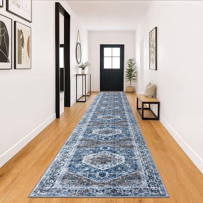 KOZYFLY Runners for Hallways 3x18 Ft Extra Long Washable Kitchen Thin Runner Rug Boho Runner Rug for Entryway Indoor Blue Printed Oriental Faux Wool Stair Floor Carpet Runner for Stair Kitchen Hall