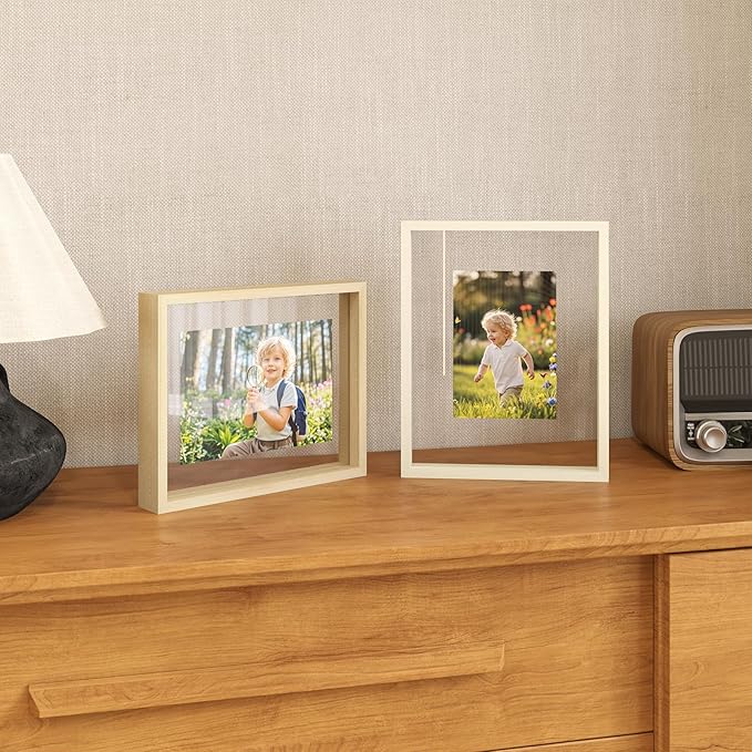 Egofine 8.5x11 Floating Frames Set of 2, Double Plexiglass Picture Frame, Made of Solid Wood Display Any Size Photo up to 8.5x11, Wall Mount or Tabletop Standing, Beige