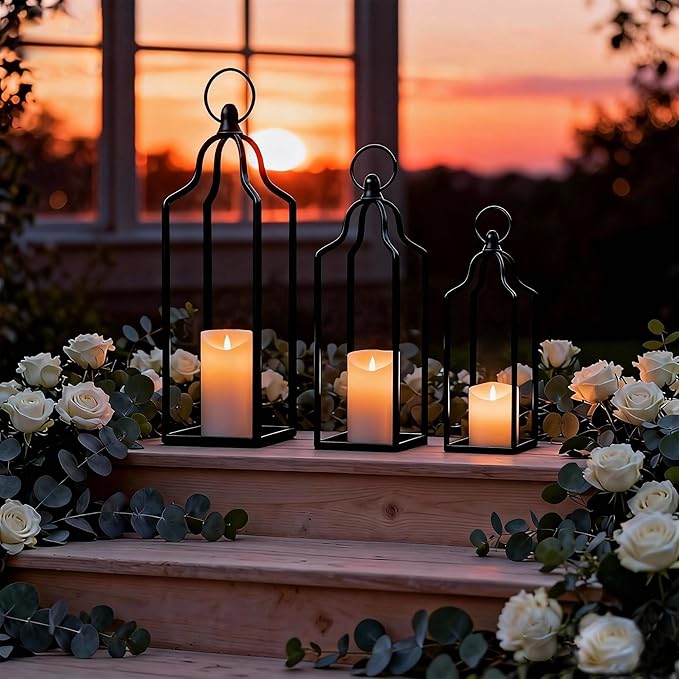 Rustic Farmhouse Decor Metal Lantern Set of 3 Decorative Lanterns for Home Indoor Outdoor Living Room, Fireplace, Patio, Wedding & Kitchen Table Centerpieces (Black, 16.9"+14.5"+12.2")