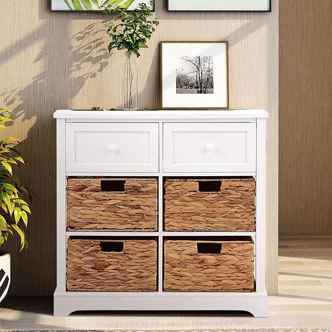 PHI VILLA White Storage Cabinet with Baskets, Accent Cabinet with Drawers, Entryway Rattan Cabinet with Shelves