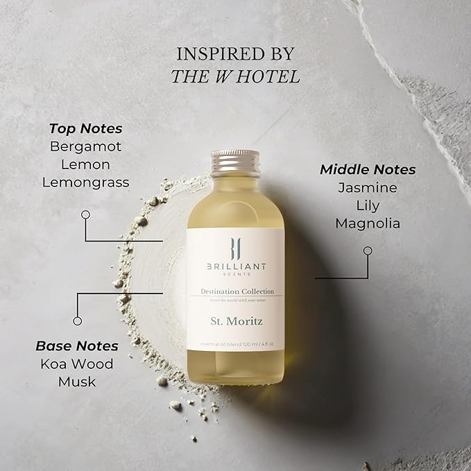 Brilliant Scents Diffuser Oil Refill, Inspired by The W Hotel, Hotel Series Aroma Scents, Essential Oils Set for Home, Fragrance Oil for Candle Making, Home, 50 ML, St. Moritz