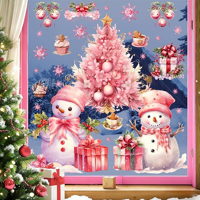 Pink Christmas Window Clings Removable Snowman Static Decals Indoor Home Decoration Double-Sided Xmas Tree Stickers for Glass Winter Pine Tree Snowflakes Cling for Living Room Holiday Party Supplies