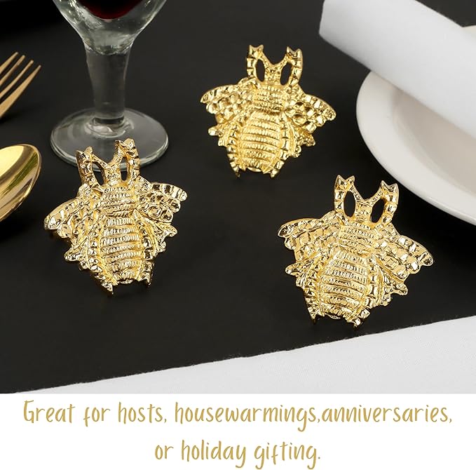 ALPHA Living HOME 12 Pcs Modern Bee Napkin Rings - Premium Metal Napkin Rings Table Decor Napkin Ring, Dining Cloth Napkin Holder for Wedding, Party, Christmas, Everyday Dining (Gold)