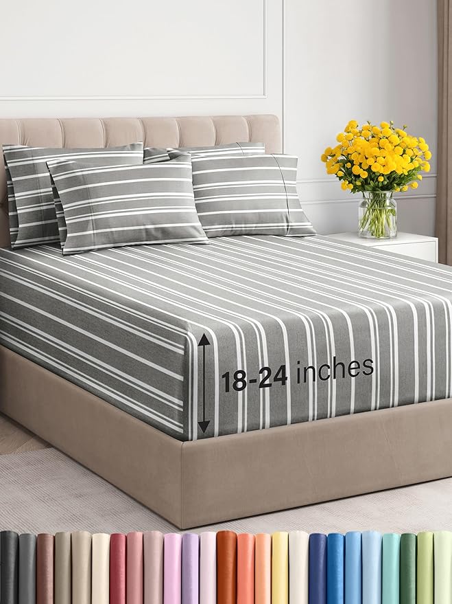 Extra Deep Full Sheet Set - 6 Piece Breathable and Cooling Sheets - Hotel Luxury Bed Sheets Set - Easy Fit - Soft, Wrinkle Free and Comfy Sheets Set - Grey Striped Sheet Set with Extra Deep Pockets