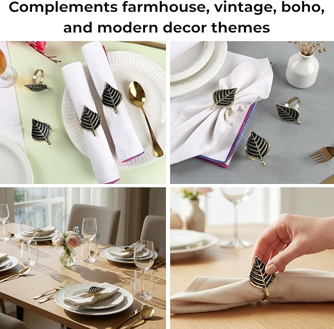ALPHA Living HOME Set of 12 Napkin Rings for Farmhouse Decor Premium Metal Leaf Dinnerware Napkin Holders Thanksgiving, Christmas, and Easter Table Setting (Antique Gold)