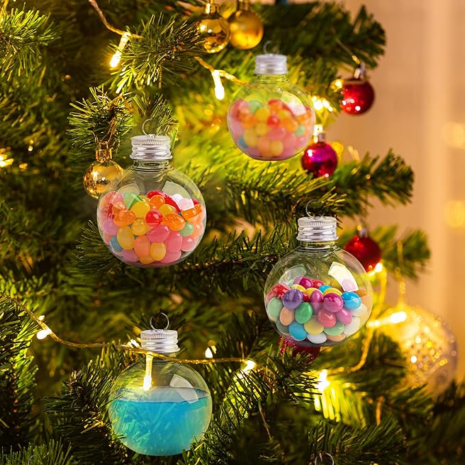 12 Pcs Clear Christmas Ornaments Balls, 5oz Fillable Plastic Christmas Ornament Balls for Christmas Tree Hanging Decoration & White Elephant Gifts