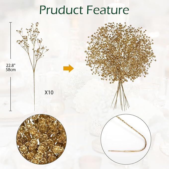 DILATATA 10 Pack Gold Baby's Breath Artificial Flowers Bulk 3 Branches Faux Baby Breath Plastic Flowers Fake Gypsophila Flower Arrangement Fake Flowers Bouquet for Wedding Home Decor