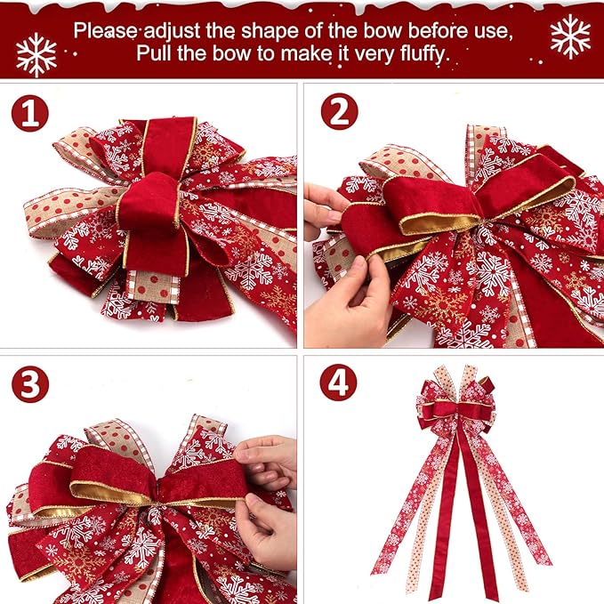 RECUTMS Red Christmas Bows Tree Topper Christmas Bow Wreaths with Snowflake Patterns Big Winter Xmas Bows for Holiday Party Seasonal Wreath Outdoor Indoor Xmas Decorations