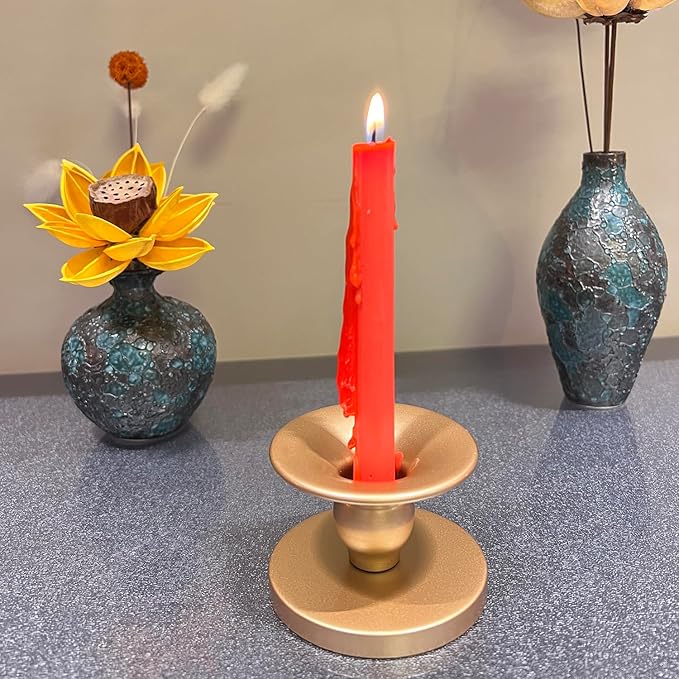 Table Gold Candle Holders – Set of 2 | Reversible Metal Candle Stand for Pillar & Taper Candles | Stylish Tabletop Candle Tray for Home Décor, Weddings & Special Occasions (Gold)
