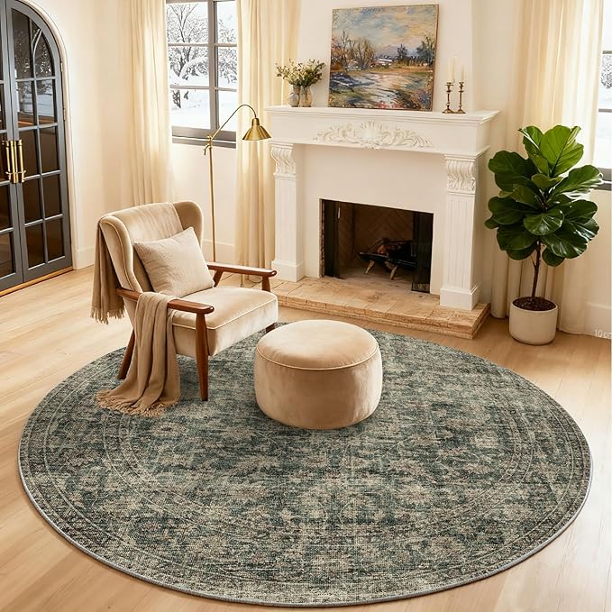 4x4 Round Bedroom Rug Washable: Living Room Rug Stain Resistant Non Slip Low Pile Small Carpet for Bedroom Kitchen Entryway Living Room Bedside Office Dorm Kids Room Entrance
