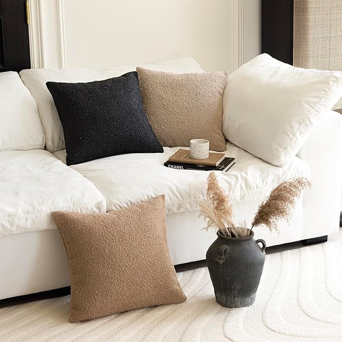 Foindtower Set of 2, Decorative Textured Boucle Throw Pillow Covers Accent Solid Lumbar Pillow Cases Cozy Couch Cushion Case for Chair Sofa Bedroom Living Room Home Decor 12 x 20 Inch Black