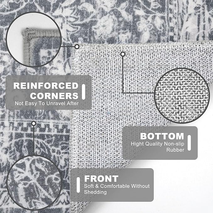KILOCOCO Area Rug 5x7 Living Room Rug Washable Printed Vintage Floral Non Slip Soft Rubber Backed Indoor Bedroom Rugs for Laundry Room Kitchen Playroom Moroccan Area Rugs, Grey