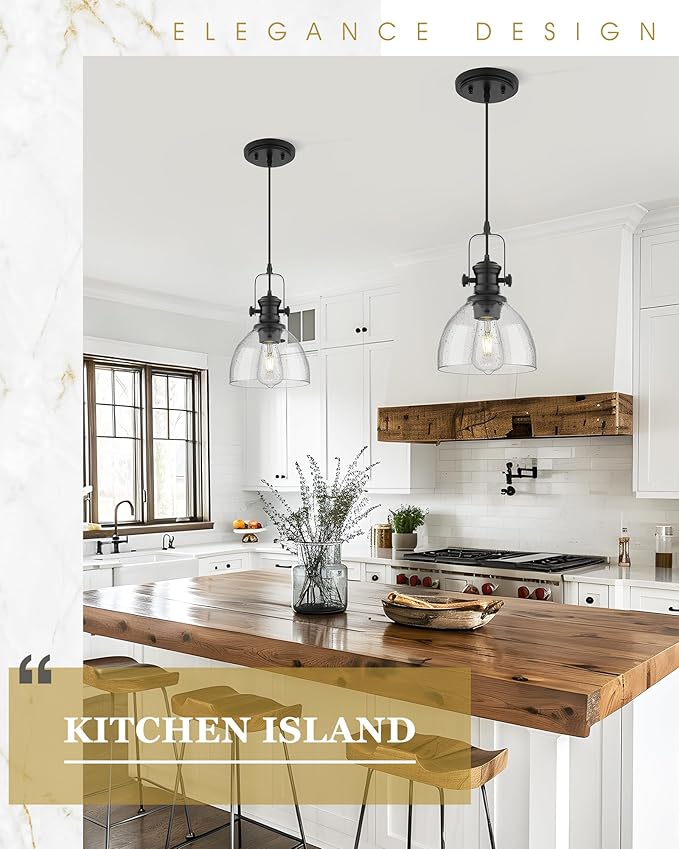 2 Pack Pendant Lights Kitchen Island, 7.5" Black Pendant Lighting with Clear Seeded Glass Shade, Farmhouse Hanging Light Fixtures for Dining Room, AD-22151-1P2-BK