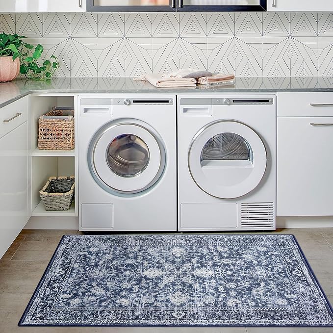 KILOCOCO Area Rug 3x5 Washable Entryway Rug Printed Vintage Floral Rubber Backed Non Slip Indoor Blue Kitchen Rugs for Living Room Laundry Room Playroom Mudroom Moroccan Area Rugs