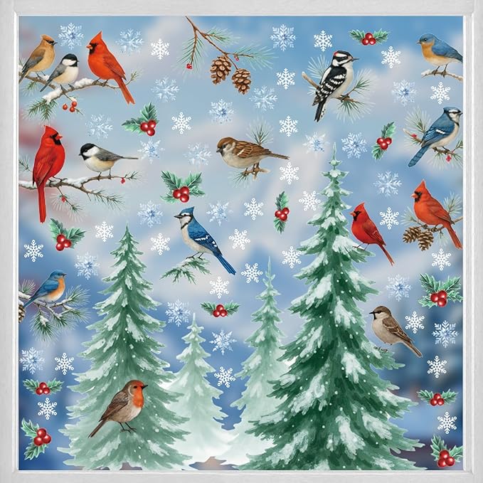 Christmas Tree Window Clings Birds Pine Branch,Cardinal Window Clings,Winter Snowflake Wall Decals Red Birds,Xmas Tree Wall Sticker Snow Winter for Glass Home Party Living Room Kitchen