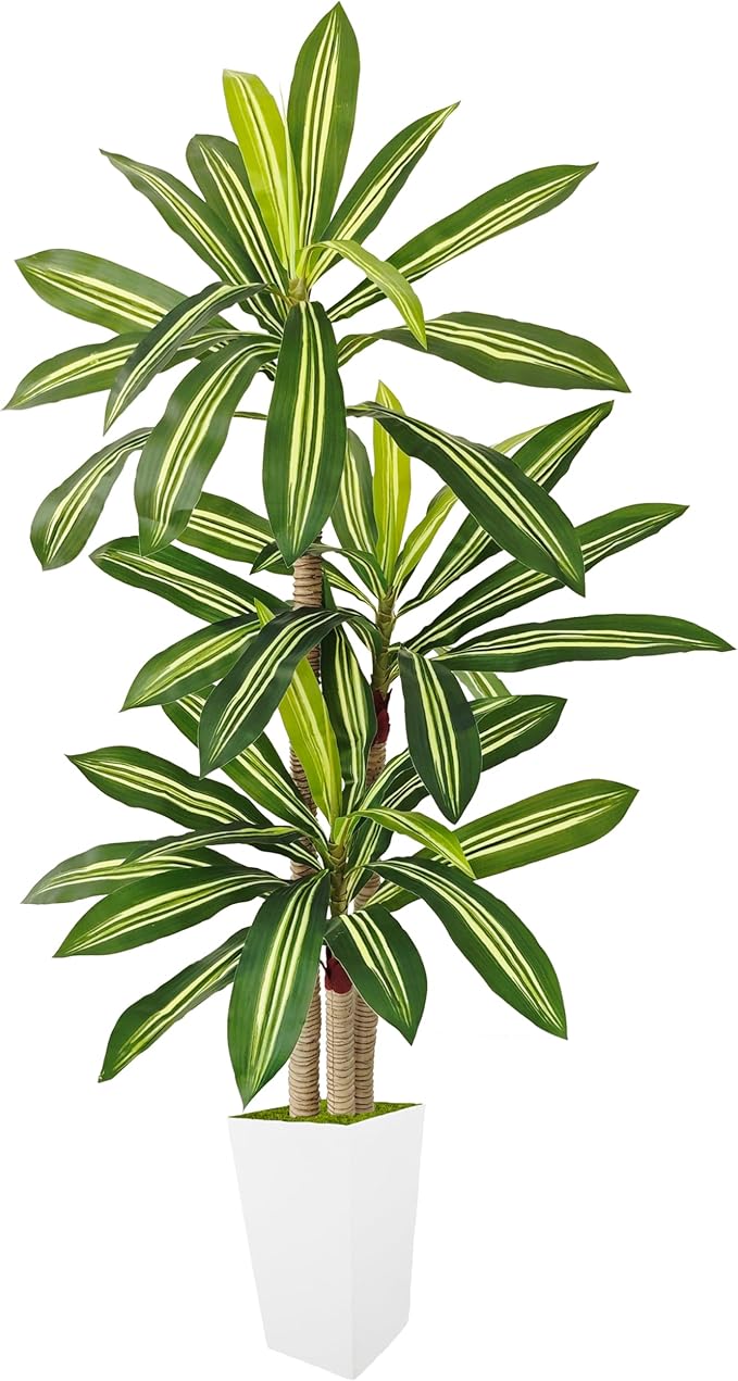Artificial Dracaena Tree 5ft, Fake Plant with White Tall Planter, Faux Yucca Floor Trees, Artificial Silk Plants for Indoor Home Office Room Decor Housewarming Gift
