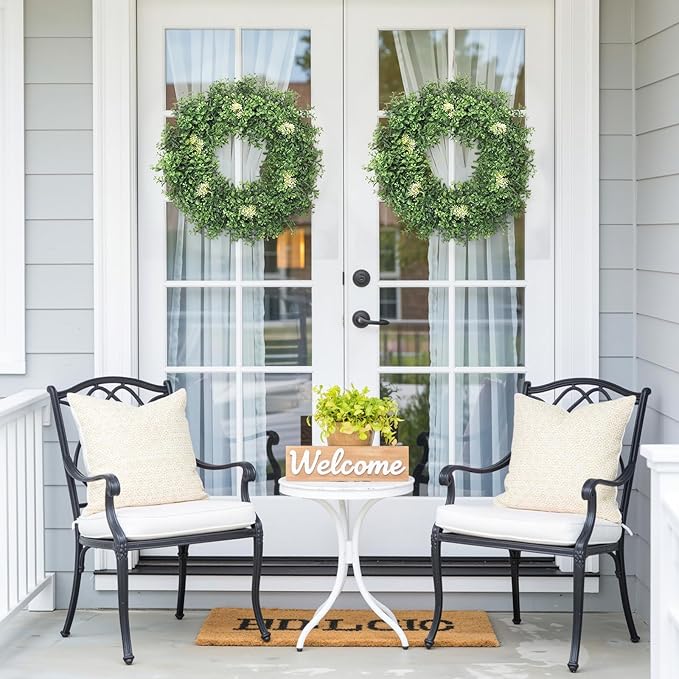 Weldomcor Green Boxwood Wreaths for Front Door 22 Inch, Spring Summer Artificial Greenery Wreath with Berries Outside All Season Farmhouse Decoration for Outdoor Indoor Home Porch Window Wedding Decor