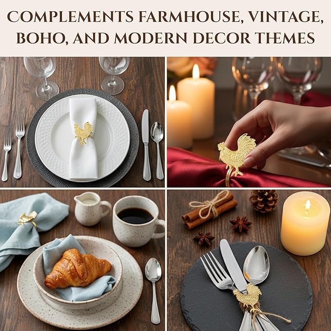 ALPHA Living HOME Set of 12 Rooster Napkin Rings for Farmhouse Table Decor | Premium Metal Chicken Dinnerware Holders | Rustic Kitchen & Holiday Party Table Setting (Gold)