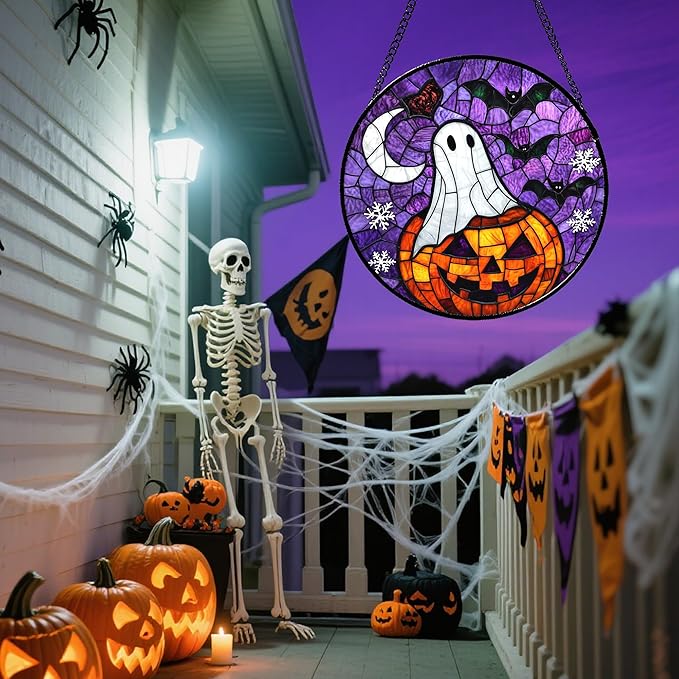 Stained Glass Window Hanging Halloween Horror Pumpkin 15" - Suncatcher Door Garden Sunroom Gothic Style Ghost Bat Sun Catcher Birthday for Friend Mom Men Woman Nana