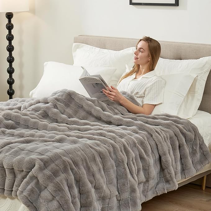 Cozy Bliss Fluffy Faux Fur Blanket Queen Size for Bed, Fuzzy Soft Striped Plush Blanket, Thick Throw for Bedroom Couch Gift, 90x90 Inches Grey