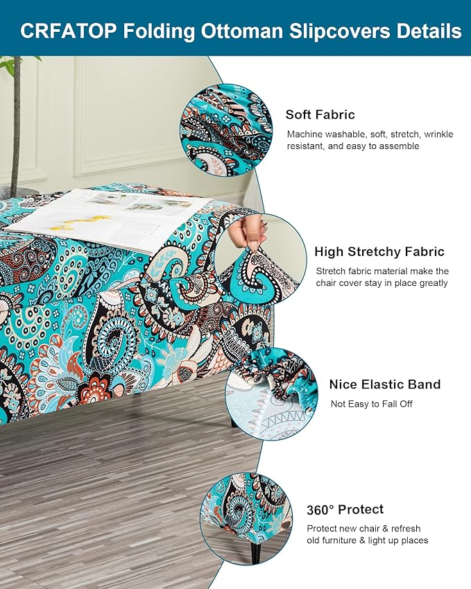CRFATOP Printed Rectangle Ottoman Stool Cover Stretch Folding Storage Footstool Bench Slipcovers Upholstered Foot Chest Chair Covers Washable Entryway Furniture Protector with Elastic Bands,S,14