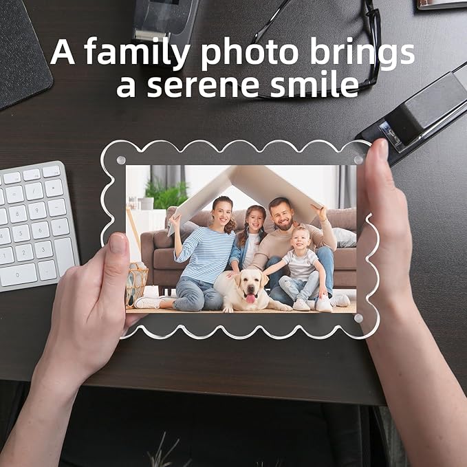 3 Pack Acrylic Picture Frame: 4x6inch Magnetic Picture Frames, Double Sided Magnet Frames,10+10mm Thick Block, Clear Photo Scalloped Frames Freestanding for Desktop Display