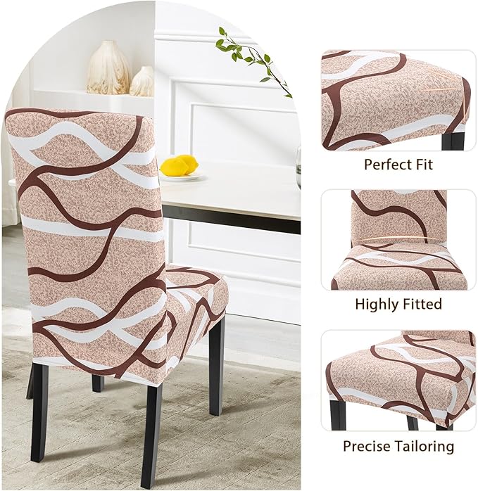 SearchI Dining Room Chair Covers Set of 4, Stretch Printed Parsons Chair Slipcovers Super Fit Spandex Removable Washable Kitchen Chair Protector Cover for Dining Room, Hotel, Ceremony (Khaki)