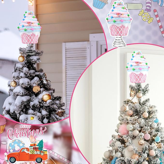Retisee 7.9 Inch Pastel Dessert Christmas Tree Topper Pink Cupcake Tree Topper Candy Donut Christmas Tree Decoration Pastel Christmas Ornaments for Christmas New Year Birthday Party Decor