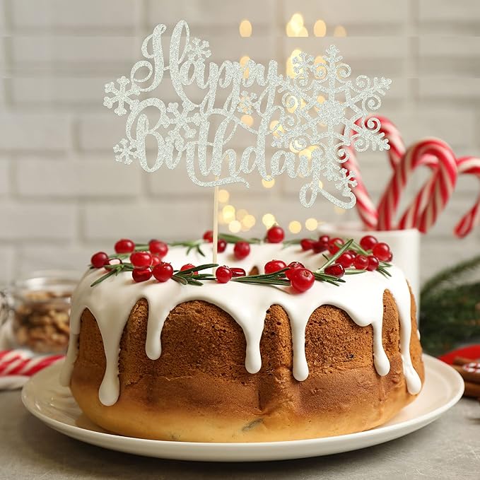 Gyufise 1 Pack Snowflake Happy Birthday Cake Topper Silver Glitter Winter Snowflake Cake Picks Decorations for Winter Snowflake Theme Baby Shower Kids Birthday Party Supplies