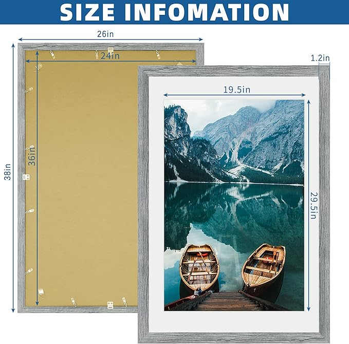 24x36 Poster Frame Set of 2, Rustic Grey Wood Style - Display 24 x 36 Poster without Mat or 20x30 Picture with Mat, Wall Mounting Horizontal and Vertical