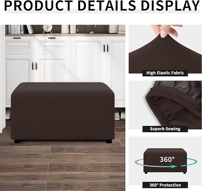 Easy-Going 100% Dual Waterproof Stretch Ottoman Cover 30x30x15inch Square Folding Storage Stool Furniture Protector Soft Slipcover for Living Room Chocolate