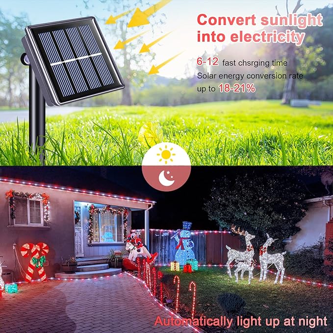 JMEXSUSS 200 LED Solar Rope Lights, 72ft IP 65 Outdoor Waterproof Christmas Lights With 8 Modes, Red and White for Fence Yard Walkway