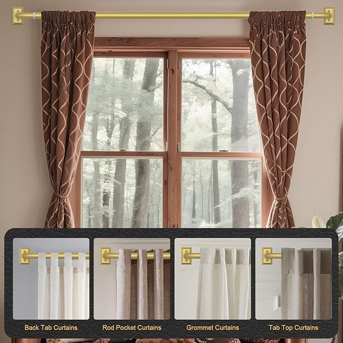 Gold Curtain Rods 2 Pack, Heavy Duty Wrap Around Curtain Rod for Windows 48 to 84 Inch, Adjustable Decorative Blackout Drapery Pole, Modern Room Darkening Rod for Blackout Curtains, Brass