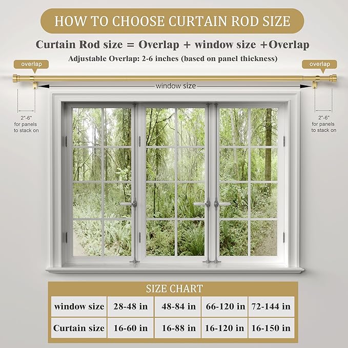 PORTRES Warm Gold Heavy Duty Curtain Rods for Windows 48 to 84 Inches Adjustable Length 1" Diameter Curtain Rod with Modern Decorative Finials for Outdoor Farmhouse Bedroom Kitchen Living Room