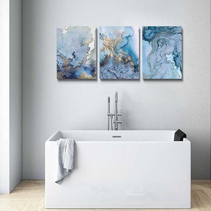 Abstract Canvas Wall Art For Living Room Bedroom Decoration Bathroom Wall Decor Blue Abstract Watercolor Painting Home Decoration Kitchen Posters Pictures Artwork,Inspirational Wall Art 3 Piece Set