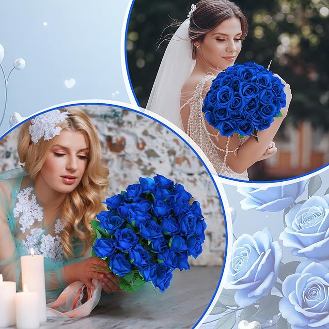 36 Pcs Royal Blue Artificial Roses with Long Stems, Blue Fake Silk Rose Artificial Flowers Bulk for Bridal Wedding Bouquet Centerpiece Ball Arrangement Party Decor