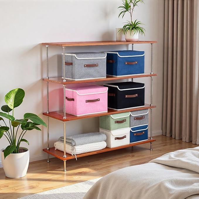 2PCS Collapsible Storage Boxes Baskets with Lid Cotton Linen Fabric Storage Bins with Faux Leather Handles Washable Cube Organizer Container for Home Closet Bedroom (Gray, Large Size)